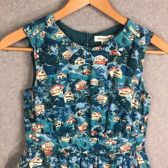Modcloth Emily And Fin Snow Capped Houses Chalet Print Dress Size Medium - Picture 4 of 9